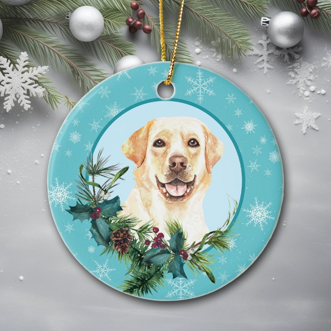 Yellow Lab Evergreen Blue Snowflake Ceramic Ornament (Creator Uploaded)
