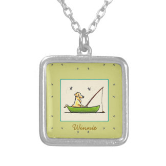 Yellow Lab Fishing Dragonflies Personalized Silver Plated Necklace