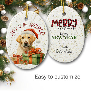 Yellow Lab Gift Box Joy to the World Holiday Ceramic Ornament