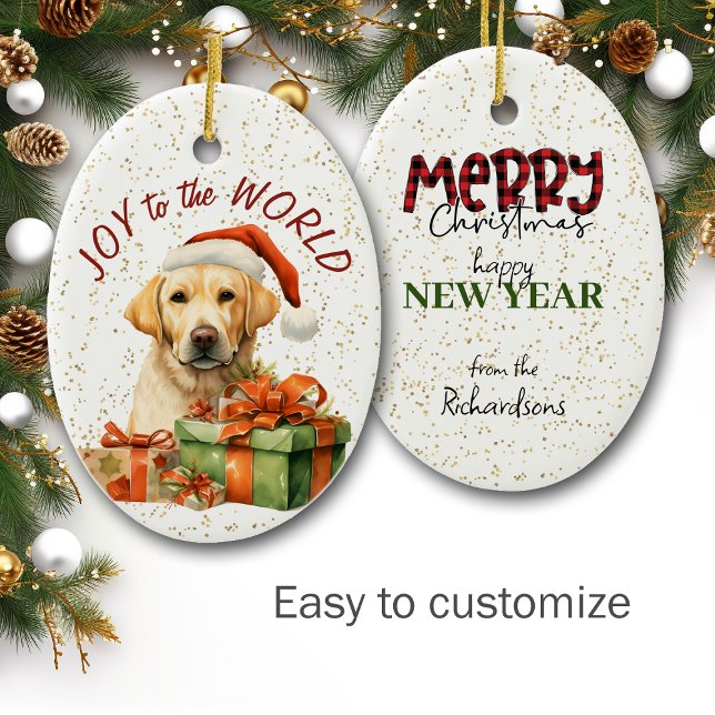 Yellow Lab Gift Box Joy to the World Holiday Ceramic Ornament (Creator Uploaded)