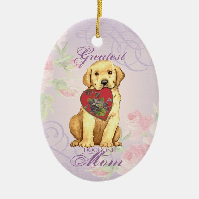 Yellow Lab Heart Mom Ceramic Ornament (Front)