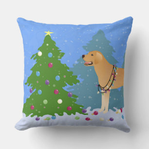 Yellow Lab in the Forest Decorating Christmas Tree Throw Pillow