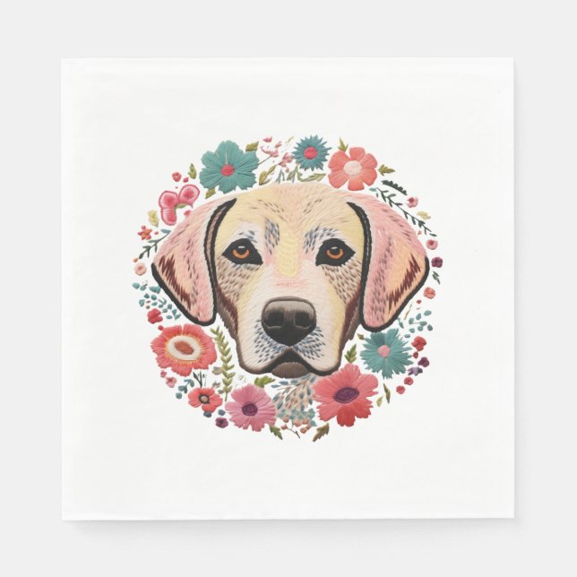 Yellow Lab Labrador with flowers floral Embroidery Napkins (Front)