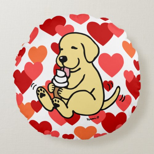 Yellow Lab Licking Ice Cream Hearts Round Pillow