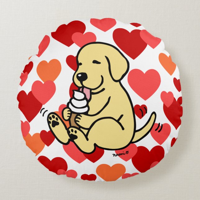 Yellow Lab Licking Ice Cream Hearts Round Pillow (Front)