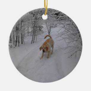Yellow Lab Playing in Fresh Winter Snow Ceramic Ornament