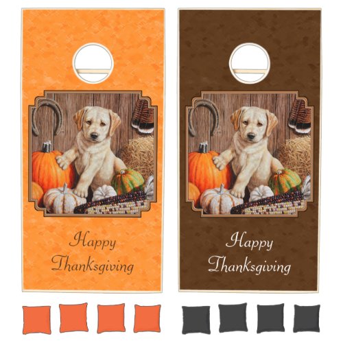 Yellow Lab Pup and Pumpkin Harvest Orange Cornhole Set