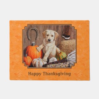 Yellow Lab Pup and Pumpkin Harvest Orange Doormat