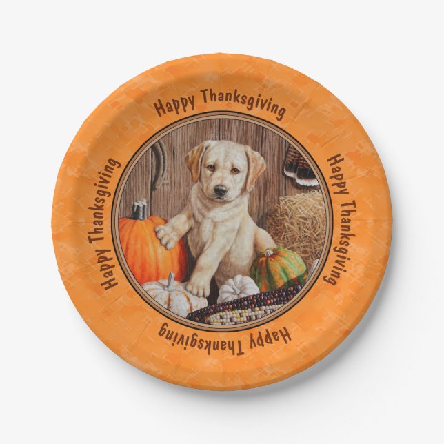 Yellow Lab Pup and Pumpkin Harvest Orange Paper Plates (Front)