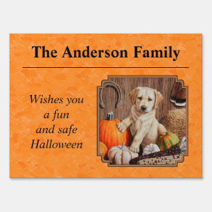 Yellow Lab Pup and Pumpkin Harvest Orange Sign