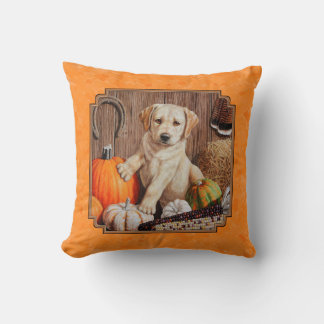 Yellow Lab Pup and Pumpkin Harvest Orange Throw Pillow