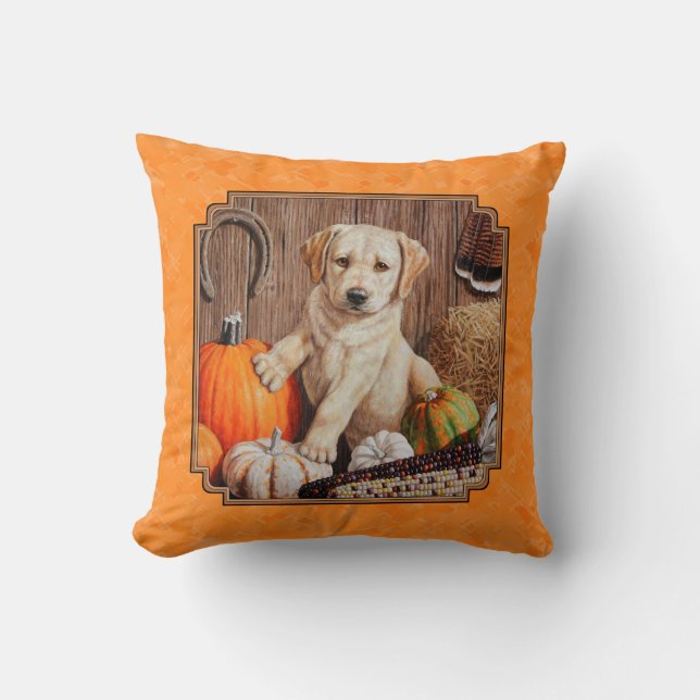 Yellow Lab Pup and Pumpkin Harvest Orange Throw Pillow (Front)