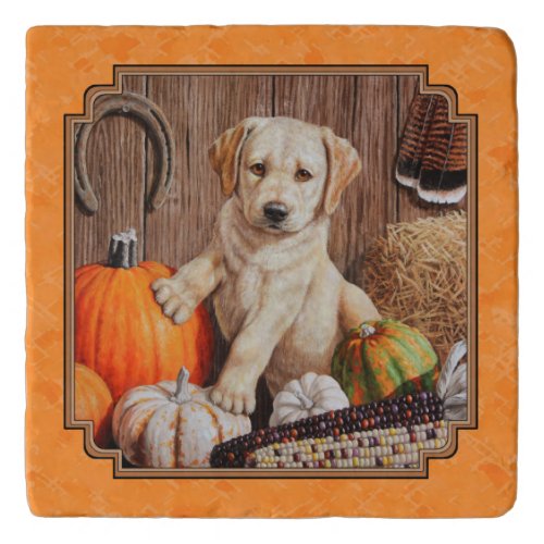 Yellow Lab Pup and Pumpkin Harvest Orange Trivet