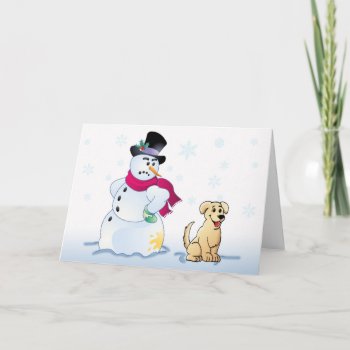 Yellow Lab Pup And Snowman Holiday Card by cleverpupart at Zazzle