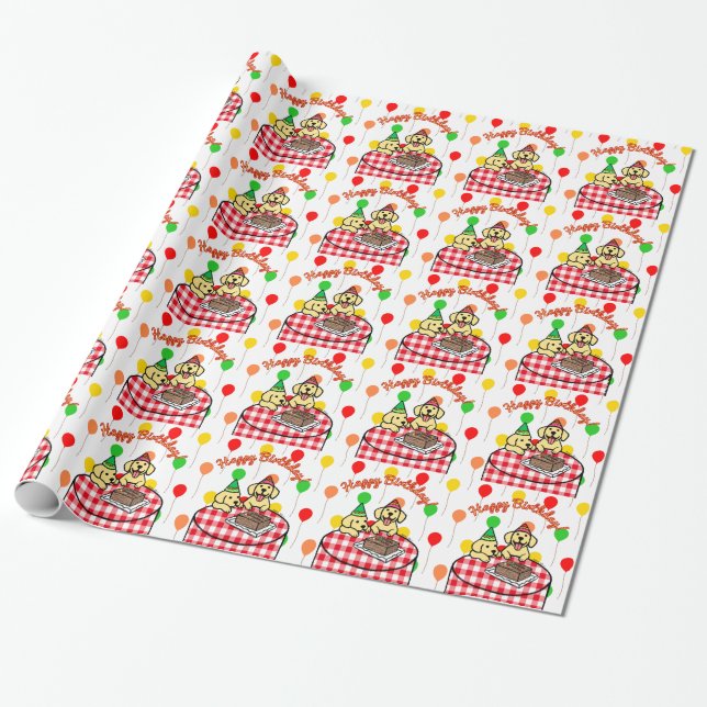 Yellow Lab Puppies Happy Birthday Wrapping Paper (Unrolled)