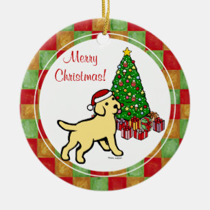 Yellow Lab Puppy and Christmas Tree Ceramic Ornament