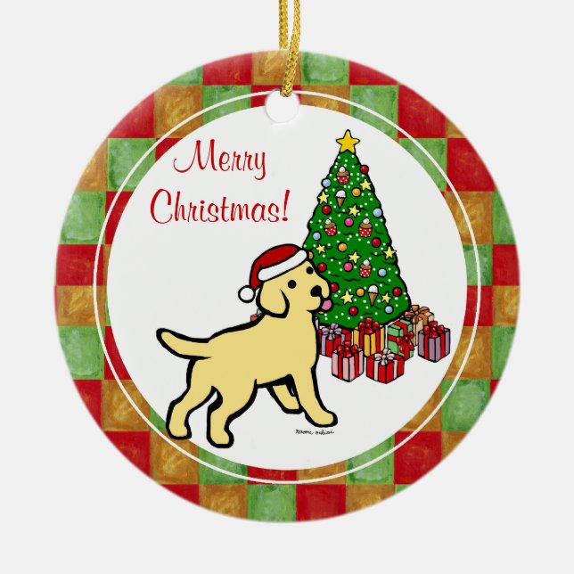 Yellow Lab Puppy and Christmas Tree Ceramic Ornament (Front)