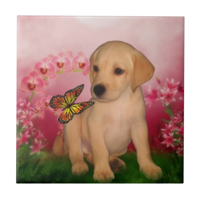 Yellow Lab Puppy Butterflies Dog Tile (Front)