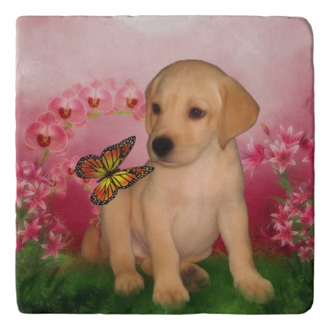 Yellow Lab Puppy Butterflies Dog  Trivet (Front)