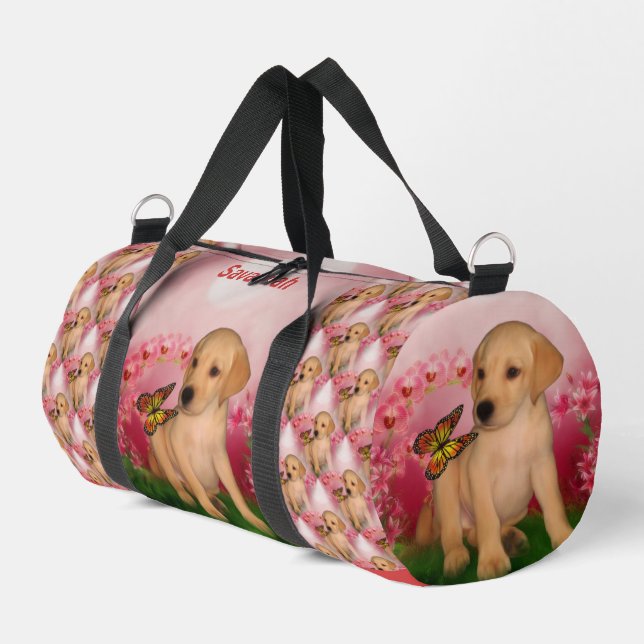 Yellow Lab Puppy Butterfly Animal Personalized Duffle Bag (Left Corner)