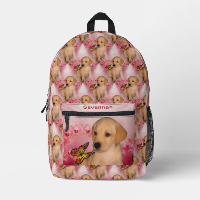 Yellow Lab Puppy Butterfly Animal Personalized Printed Backpack (Front)