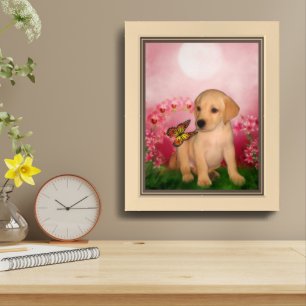 Yellow Lab Puppy Butterfly Flowers Dog Art Framed