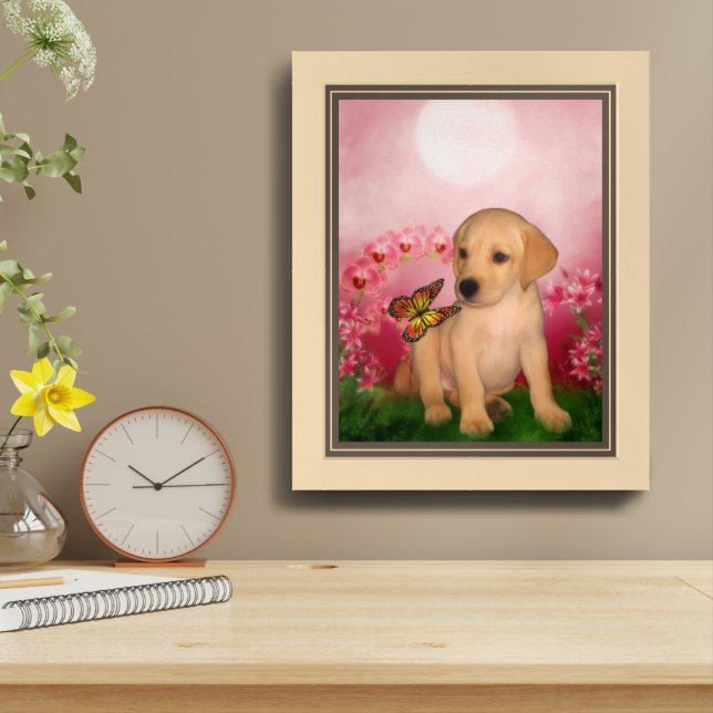 Yellow Lab Puppy Butterfly Flowers Dog Art Framed Framed Art (Table Top)