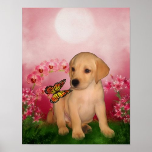 Yellow Lab Puppy Butterfly Lily Flowers Dog Art Poster