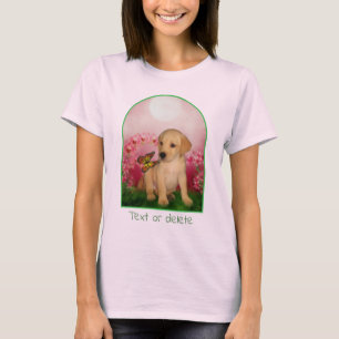 Yellow Lab Puppy Butterfly Lily Flowers Dog Art  T-Shirt