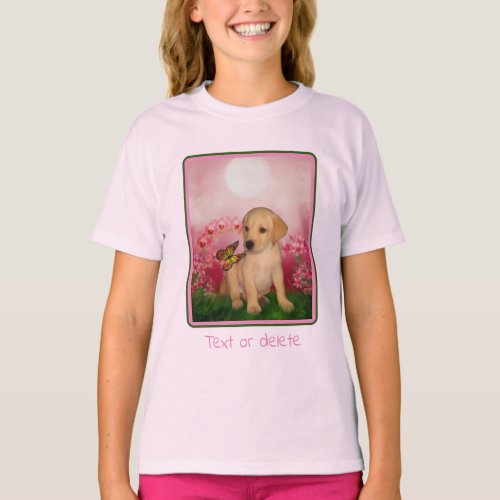 Yellow Lab Puppy Butterfly Lily Flowers Dog Art   T_Shirt