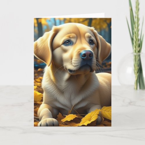 Yellow Lab Puppy Dog Playing in Fall Leaves Card