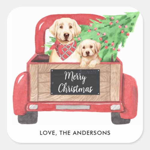 Yellow Lab Puppy Dog Red Truck Merry Christmas Square Sticker