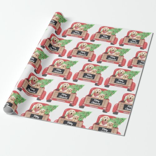 Yellow Lab Puppy Dog Red Truck Merry Christmas Wrapping Paper