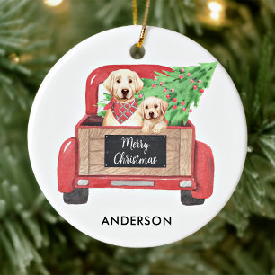 Yellow Lab Puppy Dog Vintage Red Christmas Truck Ceramic Ornament