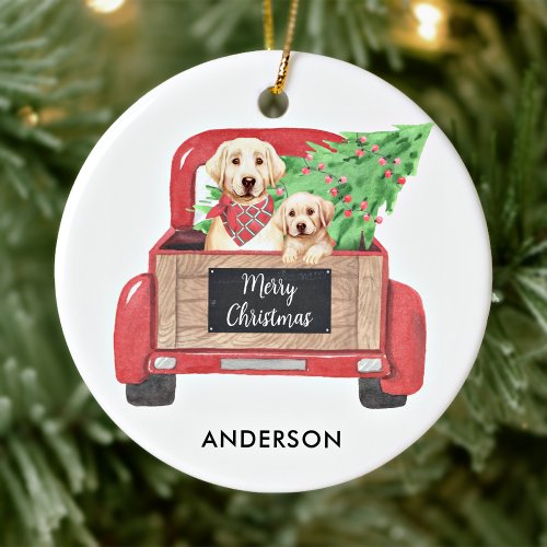 Yellow Lab Puppy Dog Vintage Red Christmas Truck  Ceramic Ornament