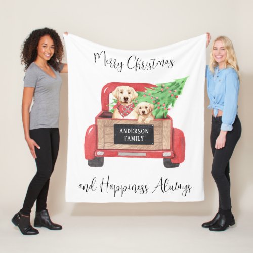 Yellow Lab Puppy Dog Vintage Red Christmas Truck  Fleece Blanket