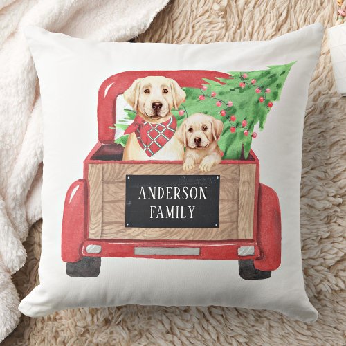 Yellow Lab Puppy Dog Vintage Red Christmas Truck  Throw Pillow