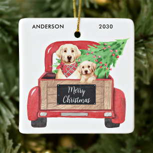 Yellow Lab Puppy Dog Vintage Red Truck Christmas Ceramic Ornament
