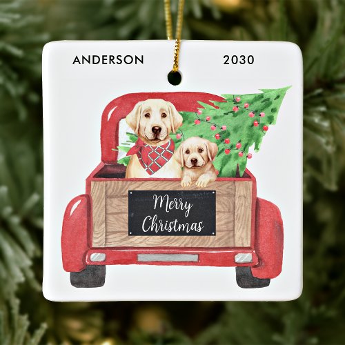 Yellow Lab Puppy Dog Vintage Red Truck Christmas  Ceramic Ornament