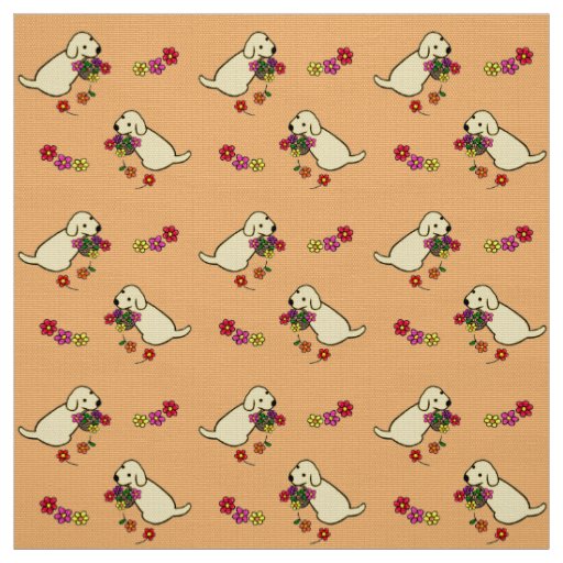 Yellow Lab Puppy Flower Basket Cartoon Fabric