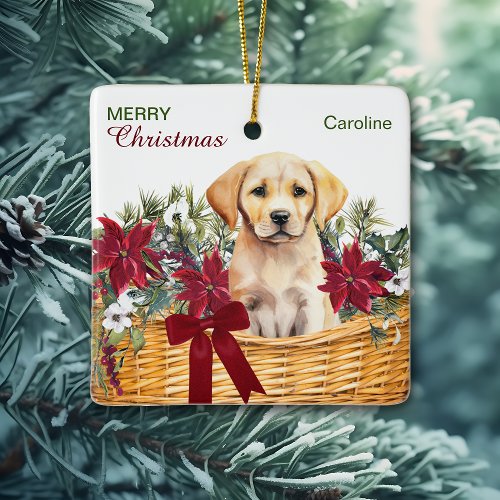 Yellow Lab Puppy Poinsettia Christmas Basket Ceramic Ornament