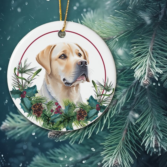 Yellow Lab Retriever Evergreen Berry Wreath Ceramic Ornament (Creator Uploaded)