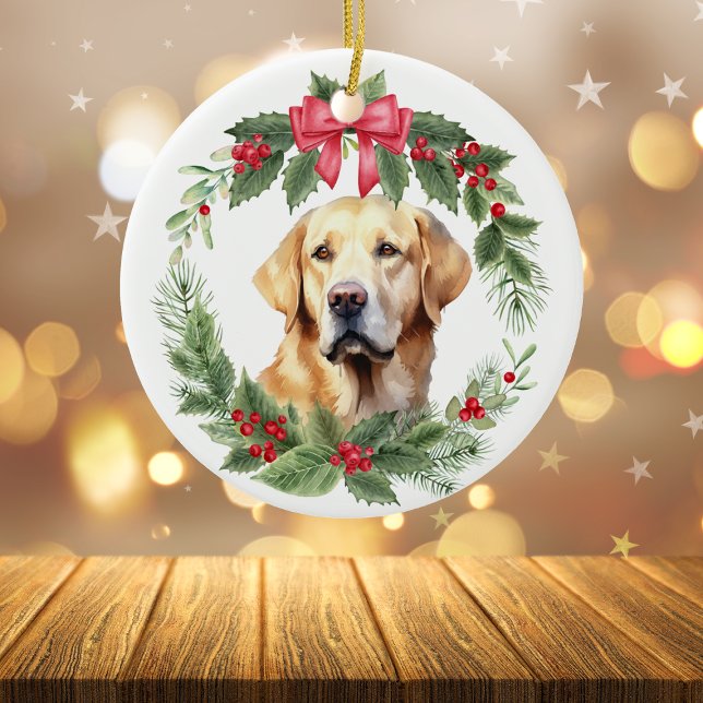 Yellow Lab Retriever Red Bow Holly Wreath Ceramic Ornament (Creator Uploaded)