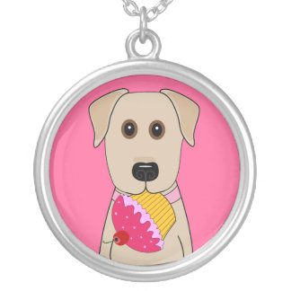 Yellow Lab with Pink Cupcake Silver Plated Necklace