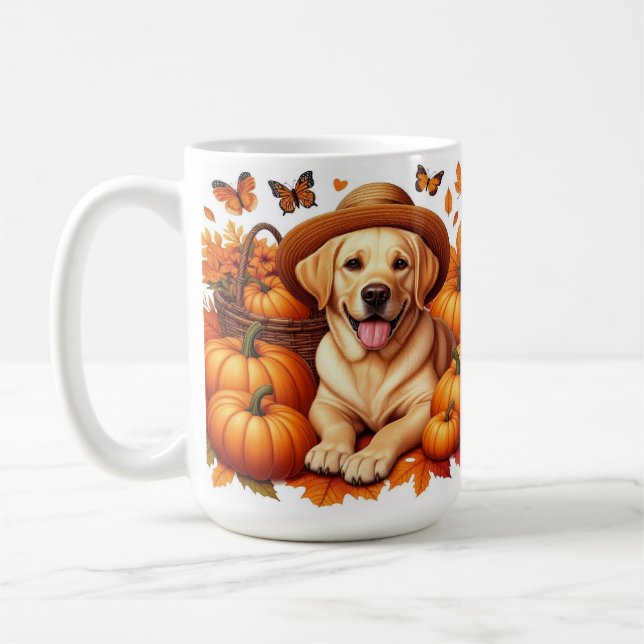Yellow Lab With Straw Hat Pumpkins And Autumn Leaf Coffee Mug (Left)