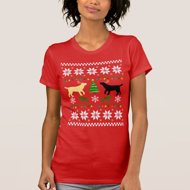 Yellow Labrador and Black Labrador Ugly Christmas T-Shirt (Front)