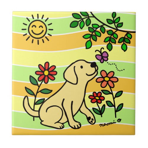 Yellow Labrador and Green Citrus Colors Ceramic Tile