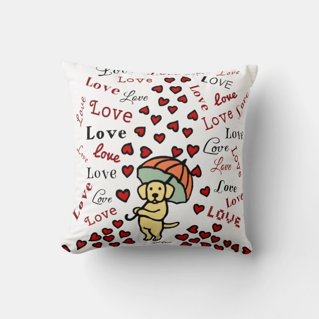 Yellow Labrador and Rain of Hearts Throw Pillow (Front)