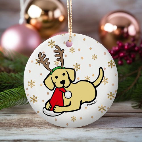 Yellow Labrador and Santa Christmas Cartoon Ceramic Ornament