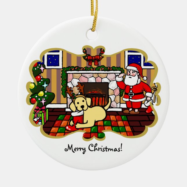 Yellow Labrador and Santa Christmas Cartoon Ceramic Ornament (Front)